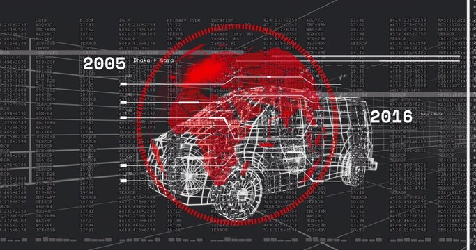 Showing wireframe car model over red world map on dashboard, featuring timeline arrow and data grid