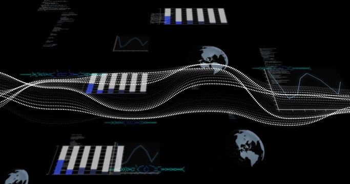 Flowing dotted wave in interface featuring bar charts line graph panels code snippets, globe icons