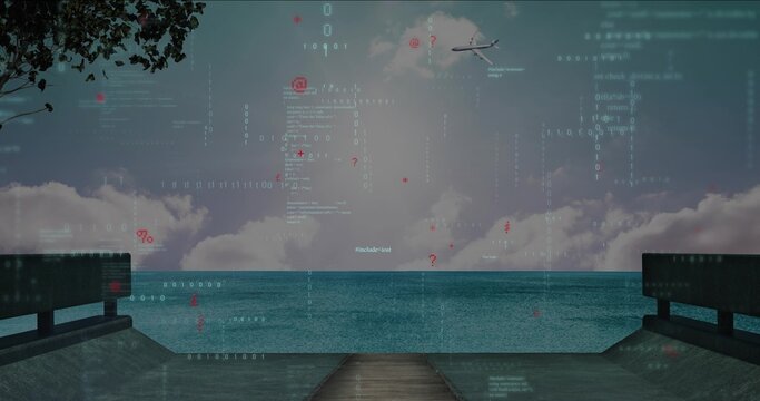 Fototapeta Extending wooden walkway reaching into sea under clouds with flying plane and showing data overlay