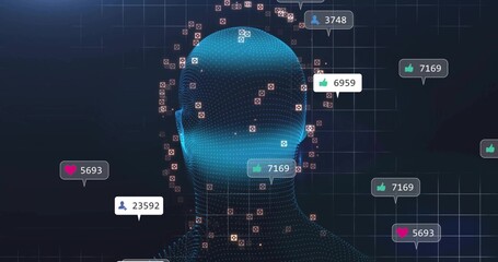 Floating mesh head against dark grid, featuring social media icons, counters and data markers