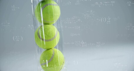 Showing transparent vertical tube holding three green tennis balls in studio, with formula overlay