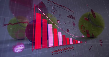 Red-pink 3D bar chart descending with white-dotted arrow in data interface, with viral spheres