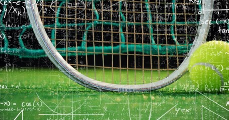Resting tennis racket hoop and ball lying on green court near net, with mathematical overlays