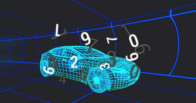 Moving neon-blue wireframe car model through virtual grid tunnel, with floating digits