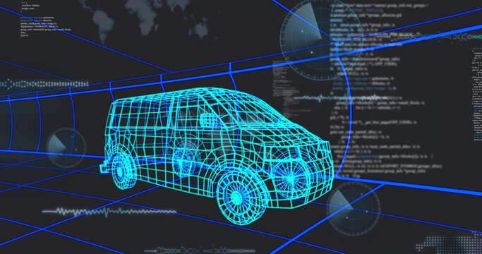 Rendering wireframe van rotating inside grid tunnel, showing code overlays and world map silhouette