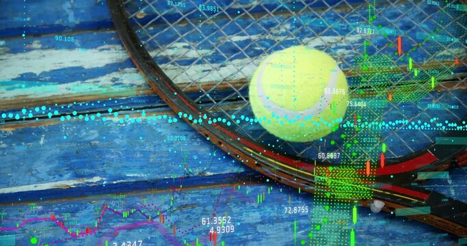 Displaying tennis racket, yellow ball on wood deck, with candlestick charts and data lines overlay - Powered by Adobe