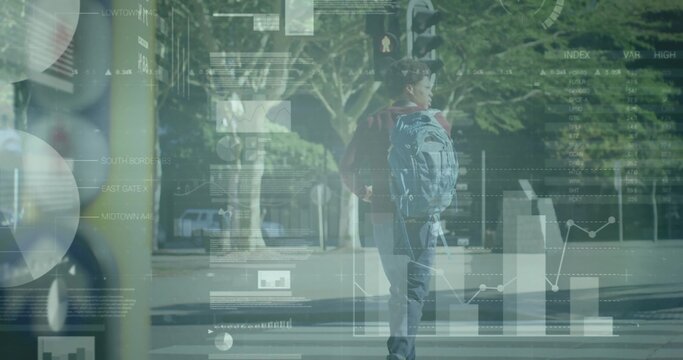 Student wearing red jacket backpack crossing crosswalk at stop signal by tree planters, copy space - Powered by Adobe