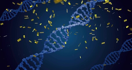Twisting and floating central blue DNA helix within dark blue field, with gold rectangular confetti
