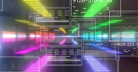 Displaying transparent UI panels presenting numeric charts in digital tunnel, with neon lights