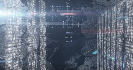 Standing hooded figure monitoring server racks in data center, with blinking LEDs and overlays