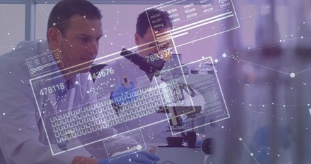 Scientists in lab coats examining samples using microscope at lab bench, with digital data overlays