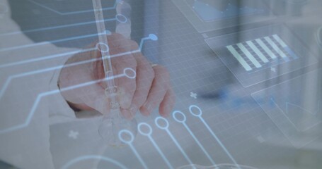 Analyzing male scientist in lab coat handling glass pipette on lab bench, circuit data overlay