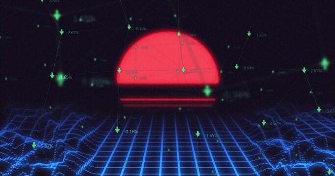 Dominating red semi-circle horizon soaring above 3D data grid with green arrows showing percentages - Powered by Adobe