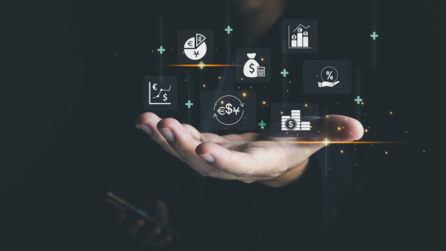 A person's hand offers various digital financial icons including currency exchange, money bags, charts, and stacked coins, symbolizing investment and banking solutions.