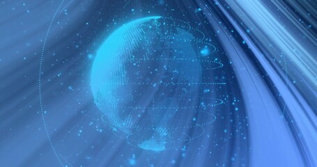 Glowing holographic Earth globe spinning in data space, illuminated data points, dotted orbit lines © vectorfusionart