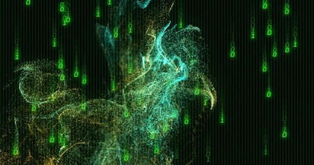 Forming teal gold particle cloud swirling over vertical stripes, with cascading green binary digits