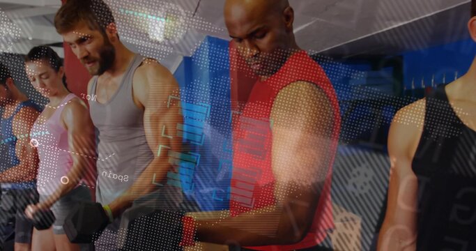 Performing bicep curls group of six adults lifting dumbbells inside gym, with digital data overlay