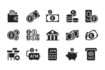 Money and finance icons including wallet coins banknotes bank A T M and piggy bank