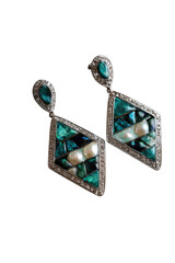 Geometric, teal, and pearl earrings