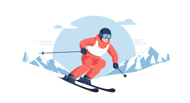 Flat vector illustration of faceless skier going downhill on snowy mountain