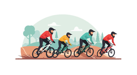 Fototapeta premium Flat vector illustration of faceless BMX racers competing on a dirt track