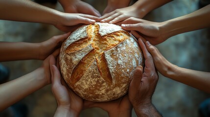 Freshly baked bread shared among many hands.