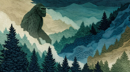 A mysterious illustration of the legendary Bigfoot wandering through a misty mountain forest. A concept of folklore, myth, and cryptozoology.