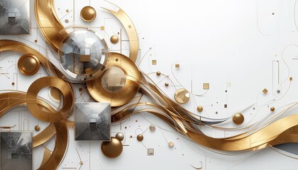 A sophisticated composition of flowing golden shapes, metallic spheres, and geometric forms against a white background.