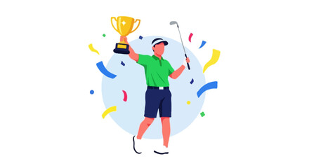 Flat vector illustration of a faceless golfer holding a trophy in celebration