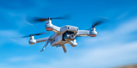 Obraz premium small quadcopter drone flying in clear blue sky