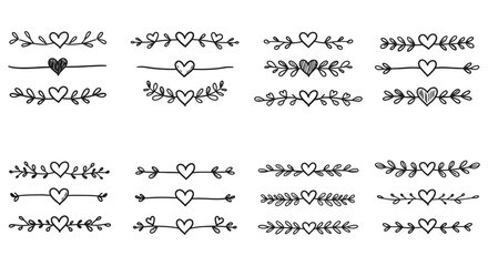 Collection of delicate hand drawn heart and floral divider elements