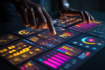 Close-up of dark-skinned hands interacting with a futuristic touch screen display filled with data visualizations