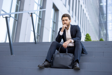 Pensive businessman in a suit is sitting on the steps outside a modern office building, briefcase at his side, deep in thought, contemplating his next move