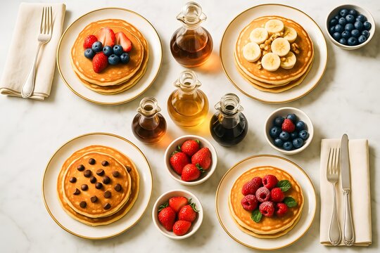 Stacked golden pancakes with fresh berries and syrups on plates national pancake day
