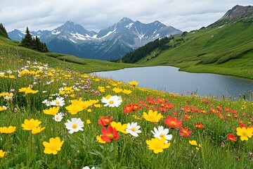 Obraz premium Breathtaking scenery of a tranquil alpine lake surrounded by colorful wildflowers and majestic snow capped mountains