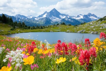 Wildflowers blooming in vibrant colors near a tranquil mountain lake, creating a picturesque summer scene
