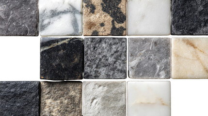 Close-up view of various stone tiles
