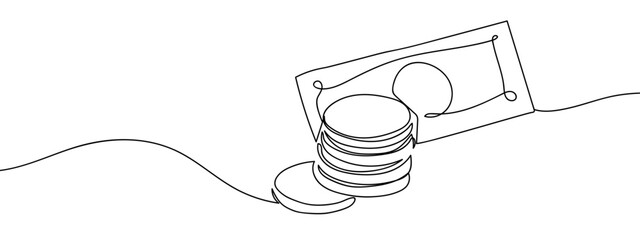 Continuous line of banknotes and stack of coins. Simple line art doodle vector. Editable stroke.