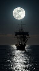 Fototapeta premium Moonlit Maritime Scene with Tall Ship Silhouette