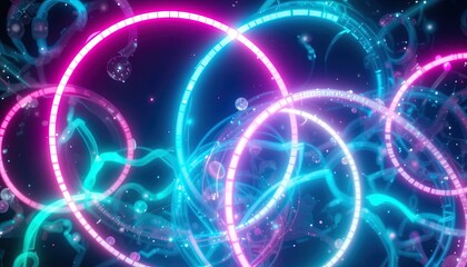 Obraz premium Abstract neon rings and swirling lines create an otherworldly, vibrant aesthetic.