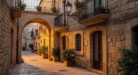 Obraz premium Charming Stone Archway Leads to Historic Alleyway in Italian Town at Dusk