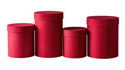 Four red cylindrical gift boxes of varying heights