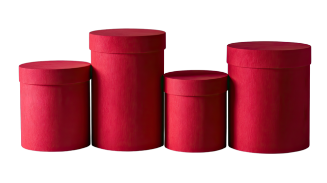 Four red cylindrical gift boxes of varying heights