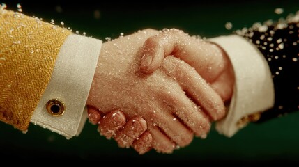 Close-up handshake, covered in glitter, on green backdrop