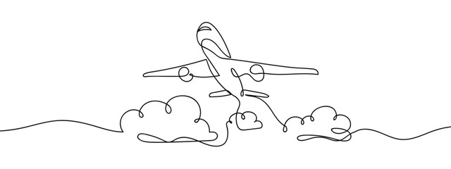 Obraz premium Continuous line of airplane flying among the clouds. Simple line art doodle vector. Editable stroke.