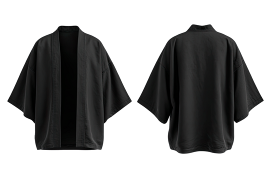 Front and back views of a dark gray kimono-style jacket