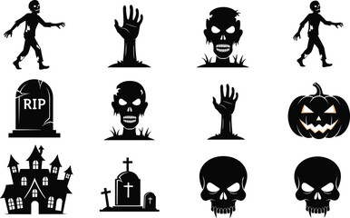 Halloween horror vector icons set including zombies, skulls, jack-o'-lantern, haunted house, gravestones, creepy hands rising, spooky Halloween elements.
