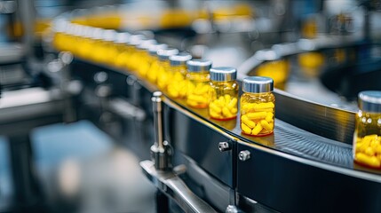 Naklejka premium Yellow capsules on conveyor belt in a pharmaceutical factory