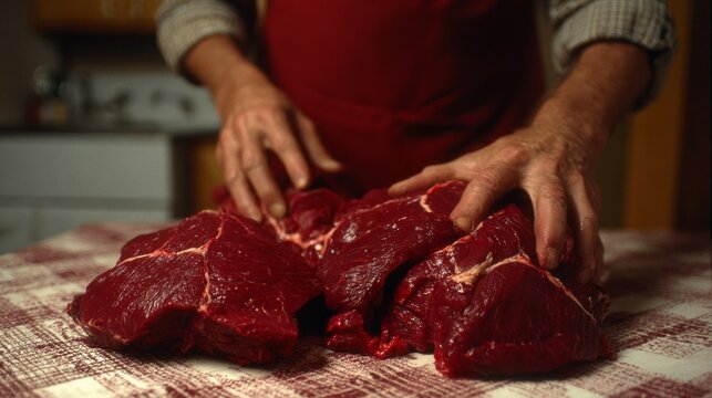 Preparing fresh cuts of meat on a wooden table in a rustic kitchen during a sunny afternoon