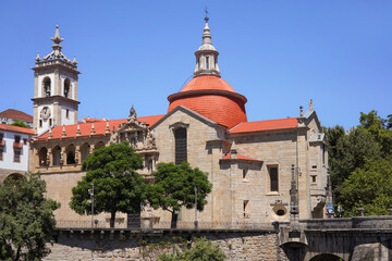 Close-up of the Saint Goncalo Monastery with the old St. Goncalo Bridge in Amarante, Region Norte - Portugal